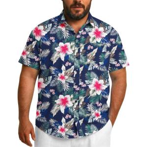 COOFANDY Big and Tall Men’s Hawaiian Shirts Short Sleeve Tropical Floral Button Down Shirt Casual Summer Beach Shirts(Navy White Floral)