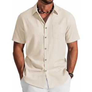 COOFANDY Men’s Button Down Shirt Short Sleeve Cotton Casual Summer Shirts Textured Beach Vacation Shirts for Men(Beige)