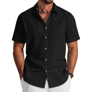COOFANDY Men’s Button Down Shirt Short Sleeve Cotton Casual Summer Shirts Textured Beach Vacation Shirts for Men(Black)