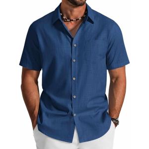COOFANDY Men’s Button Down Shirt Short Sleeve Cotton Casual Summer Shirts Textured Beach Vacation Shirts for Men(Denim Blue)