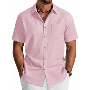 COOFANDY Men’s Button Down Shirt Short Sleeve Cotton Casual Summer Shirts Textured Beach Vacation Shirts for Men(Icy Pink)