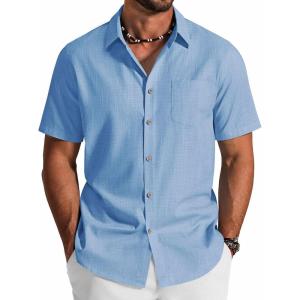 COOFANDY Men’s Button Down Shirt Short Sleeve Cotton Casual Summer Shirts Textured Beach Vacation Shirts for Men(Light Blue)