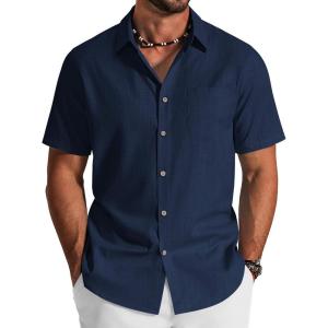 COOFANDY Men’s Button Down Shirt Short Sleeve Cotton Casual Summer Shirts Textured Beach Vacation Shirts for Men(Navy Blue)