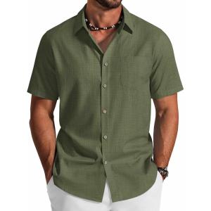 COOFANDY Men’s Button Down Shirt Short Sleeve Cotton Casual Summer Shirts Textured Beach Vacation Shirts for Men(Olive Green)