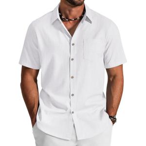 COOFANDY Men’s Button Down Shirt Short Sleeve Cotton Casual Summer Shirts Textured Beach Vacation Shirts for Men(White)