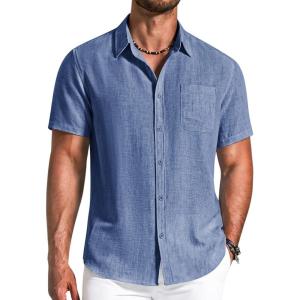 COOFANDY Men’s Button Down Shirts Short Sleeve Casual Shirt Summer Beach Textured Shirts(Denim Blue)