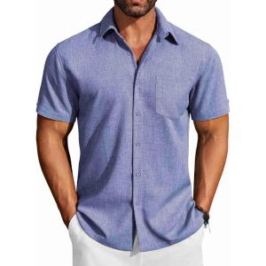 COOFANDY Men’s Button Down Shirts Short Sleeve Casual Shirts Summer Beach Linen Shirts with Pocket(Grey Blue)
