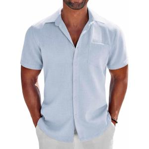 COOFANDY Men’s Button Down Shirts Short Sleeve Casual Shirts Summer Beach Linen Shirts with Pocket(Mint Blue)