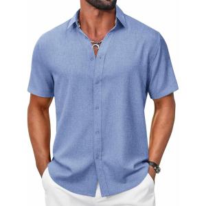 COOFANDY Mens Casual Button Down Shirt Short Sleeve Summer Shirt for Beach Vacation Resort Wear(Blue)