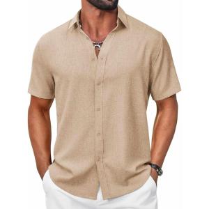 COOFANDY Mens Casual Button Down Shirt Short Sleeve Summer Shirt for Beach Vacation Resort Wear(Light Khaki)