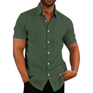 COOFANDY Men’s Casual Button Down Shirts Short Sleeve Linen Shirts Summer Beach Dress Shirt(Army Green)