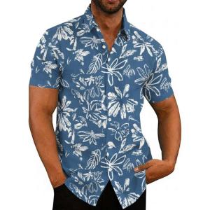 COOFANDY Men’s Casual Button Down Shirts Short Sleeve Linen Shirts Summer Beach Dress Shirt(Blue-flower)