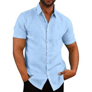 COOFANDY Men’s Casual Button Down Shirts Short Sleeve Linen Shirts Summer Beach Dress Shirt(Sky Blue)