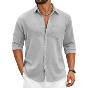 COOFANDY Men’s Cotton Linen Button Down Shirts Long Sleeve Casual Summer Beach Shirts for Men(1- Light Grey)