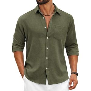 COOFANDY Men’s Cotton Linen Button Down Shirts Long Sleeve Casual Summer Beach Shirts for Men(Army Green)