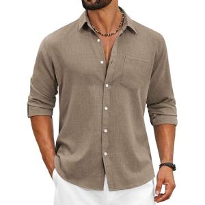 COOFANDY Men’s Cotton Linen Button Down Shirts Long Sleeve Casual Summer Beach Shirts for Men(Camel)