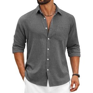 COOFANDY Men’s Cotton Linen Button Down Shirts Long Sleeve Casual Summer Beach Shirts for Men(Flecking Black)