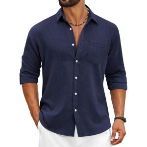 COOFANDY Men’s Cotton Linen Button Down Shirts Long Sleeve Casual Summer Beach Shirts for Men(Navy Blue)