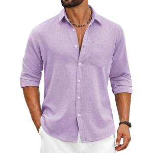 COOFANDY Men’s Cotton Linen Button Down Shirts Long Sleeve Casual Summer Beach Shirts for Men(Purple)