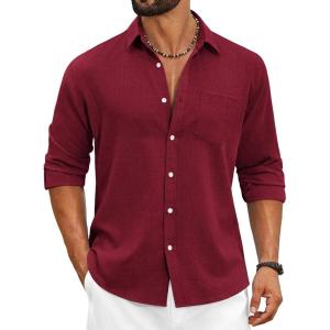 COOFANDY Men’s Cotton Linen Button Down Shirts Long Sleeve Casual Summer Beach Shirts for Men(Red)