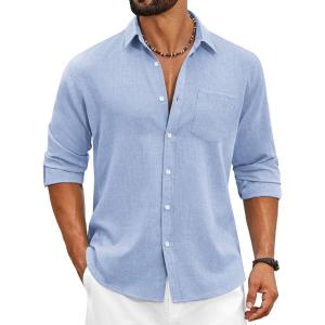 COOFANDY Men’s Cotton Linen Button Down Shirts Long Sleeve Casual Summer Beach Shirts for Men(Sky Blue)