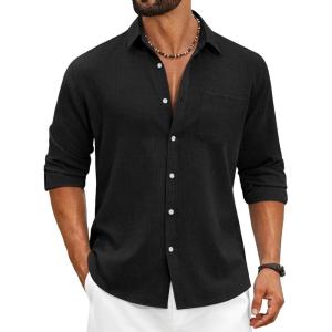 COOFANDY Men’s Cotton Linen Button Down Shirts Long Sleeve Casual Summer Beach Shirts for Men(Solid Black)