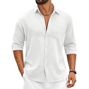 COOFANDY Men’s Cotton Linen Button Down Shirts Long Sleeve Casual Summer Beach Shirts for Men(White)