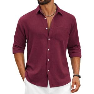 COOFANDY Men’s Cotton Linen Button Down Shirts Long Sleeve Casual Summer Beach Shirts for Men(Wine Red)