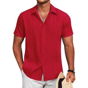 COOFANDY Mens Cuban Guayabera Shirt Short Sleeve Button Down Shirts Summer Beach Vacation Shirts(Red)