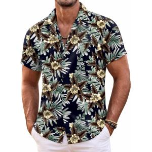 COOFANDY Mens Hawaiian Shirt Short Sleeve Floral Button Down Shirts Tropical Summer Beach Shirts Camp Collar Shirt(Black Khaki Flower)