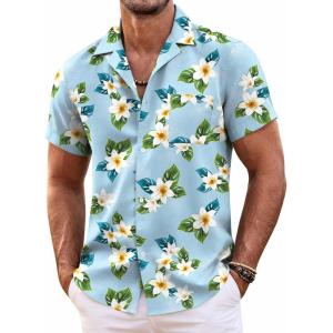 COOFANDY Mens Hawaiian Shirt Short Sleeve Floral Button Down Shirts Tropical Summer Beach Shirts Camp Collar Shirt(Blue Frangipani)