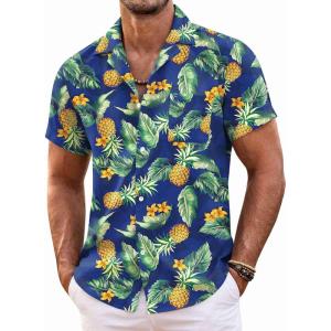 COOFANDY Mens Hawaiian Shirt Short Sleeve Floral Button Down Shirts Tropical Summer Beach Shirts Camp Collar Shirt(Blue Pineapple)