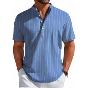 COOFANDY Men’s Henley Shirt Short Sleeve Casual T-Shirt Summer Beach Hippie Henley Tee Shirt(Blue – Striped)