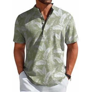 COOFANDY Men’s Henley Shirt Short Sleeve Casual T-Shirt Summer Beach Hippie Henley Tee Shirt(Green – Palm Leaf)