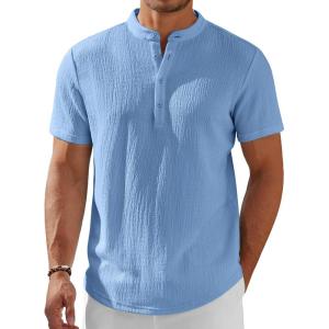 COOFANDY Men’s Henley Shirt Short Sleeve Stand Collar Summer Casual Beach Hippie T-Shirts(Blue)