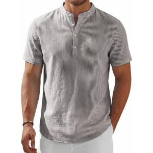 COOFANDY Men’s Henley Shirt Short Sleeve Stand Collar Summer Casual Beach Hippie T-Shirts(Striped Brown & White)