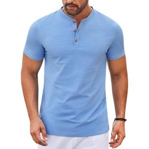 COOFANDY Mens Henley Shirts Short Sleeve Casual Stylish Tshirt Lightweight Summer Basic Tee Tops(Clear Blue)