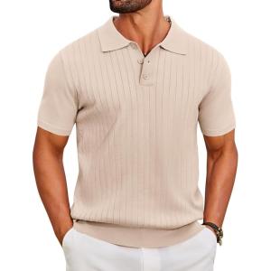 COOFANDY Men’s Knit Polo Shirts Short Sleeve Ribbed Knitted Shirt Summer Lightweight Casual Golf Shirts(Beige)