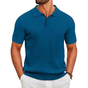 COOFANDY Men’s Knit Polo Shirts Short Sleeve Ribbed Knitted Shirt Summer Lightweight Casual Golf Shirts(Deep Blue)