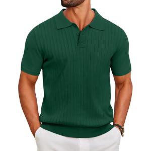 COOFANDY Men’s Knit Polo Shirts Short Sleeve Ribbed Knitted Shirt Summer Lightweight Casual Golf Shirts(Deep Green)