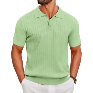 COOFANDY Men’s Knit Polo Shirts Short Sleeve Ribbed Knitted Shirt Summer Lightweight Casual Golf Shirts(Ice Green)