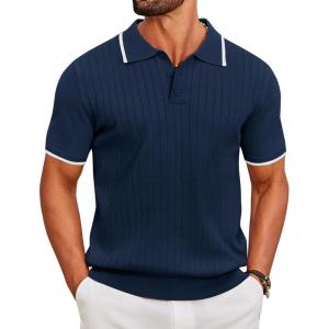 COOFANDY Men’s Knit Polo Shirts Short Sleeve Ribbed Knitted Shirt Summer Lightweight Casual Golf Shirts(Navy Blue-white)