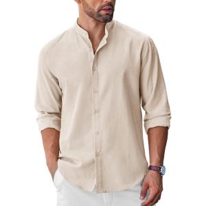 COOFANDY Men’s Long Sleeve Oxford Dress Shirts Button Down Shirt Casual Band Collar Shirts(Beige)