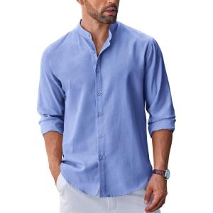 COOFANDY Men’s Long Sleeve Oxford Dress Shirts Button Down Shirt Casual Band Collar Shirts(Blue)