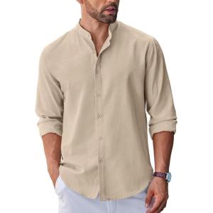 COOFANDY Men’s Long Sleeve Oxford Dress Shirts Button Down Shirt Casual Band Collar Shirts(Khaki)