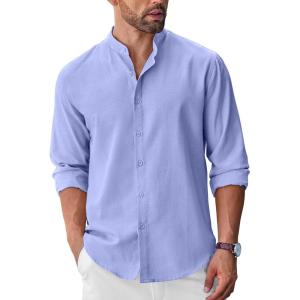 COOFANDY Men’s Long Sleeve Oxford Dress Shirts Button Down Shirt Casual Band Collar Shirts(Light Blue)