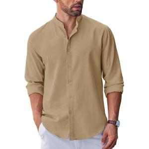 COOFANDY Men’s Long Sleeve Oxford Dress Shirts Button Down Shirt Casual Band Collar Shirts(Light Brown)