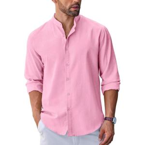 COOFANDY Men’s Long Sleeve Oxford Dress Shirts Button Down Shirt Casual Band Collar Shirts(Pink)