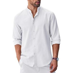 COOFANDY Men’s Long Sleeve Oxford Dress Shirts Button Down Shirt Casual Band Collar Shirts(White)