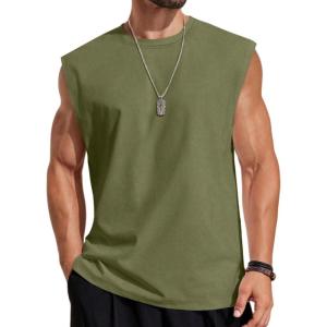 COOFANDY Mens Sleeveless Shirts 100% Cotton Workout Tank Tops Cut Off Shirts Gym Muscle Loose Fit Tee(Army Green)